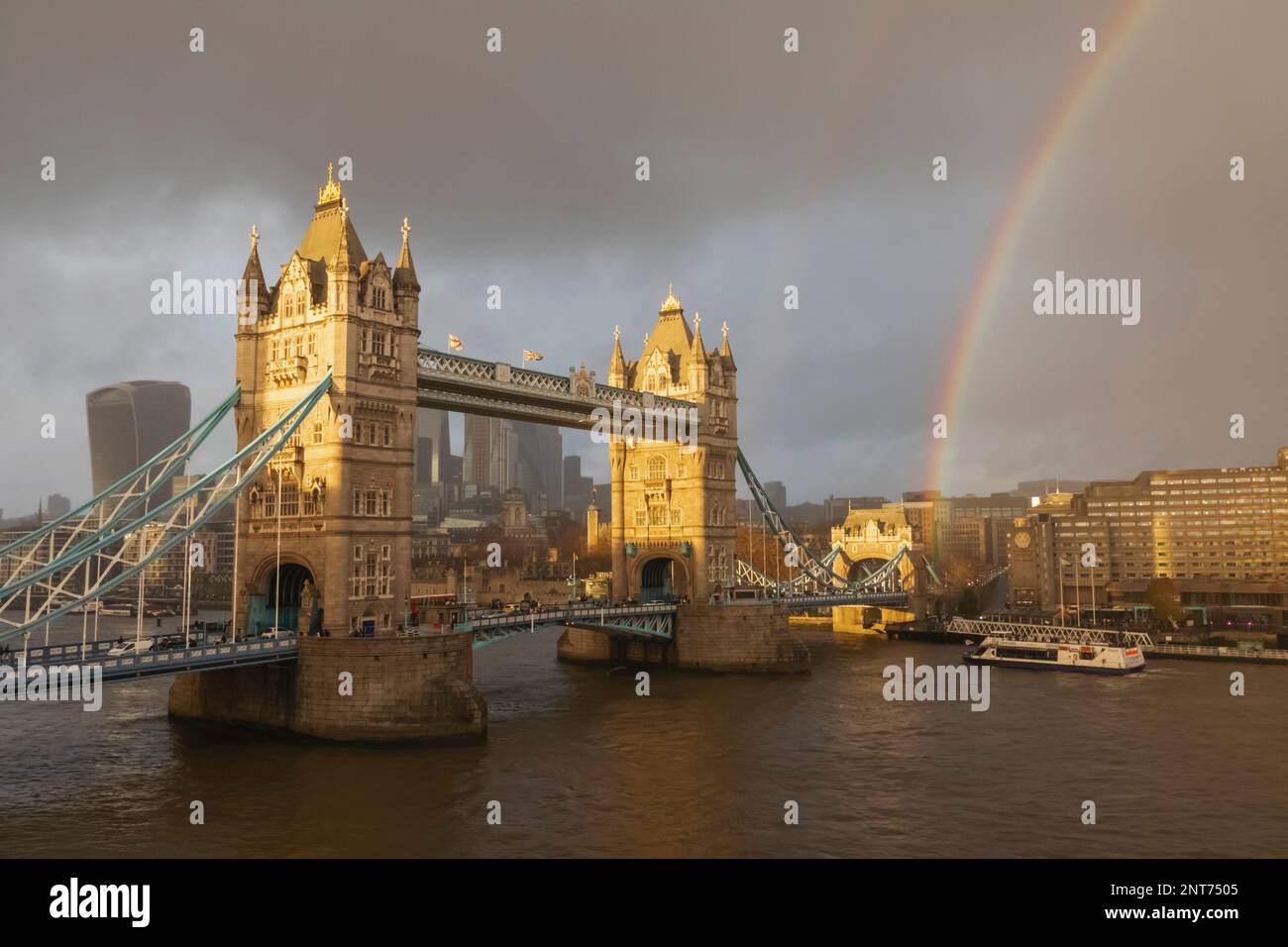 England, London, Winter View of Tower Bridge and Rainbow Stock Photo