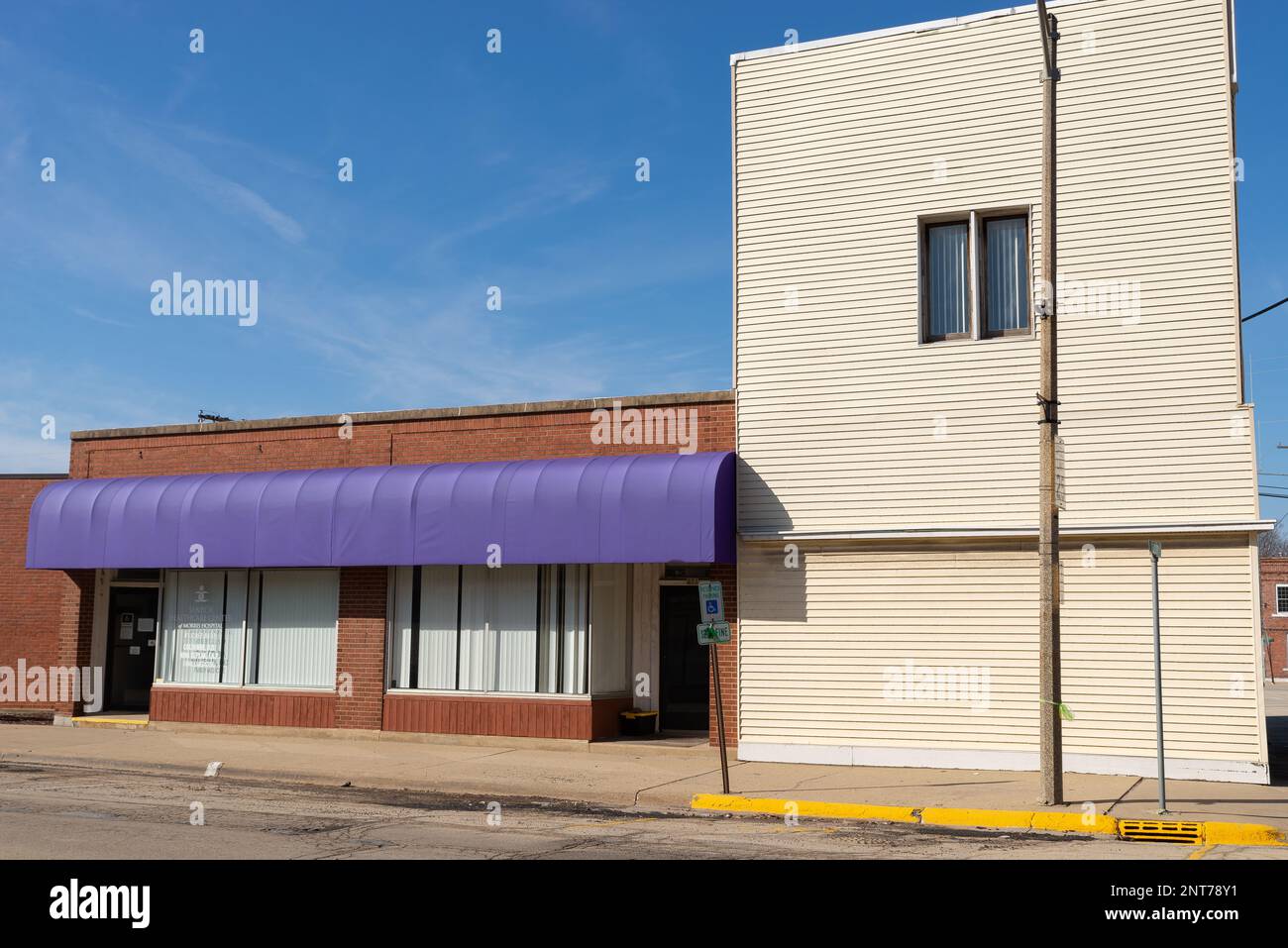 Seneca, Illinois United States February 26th, 2023 Exterior of old building and storefront