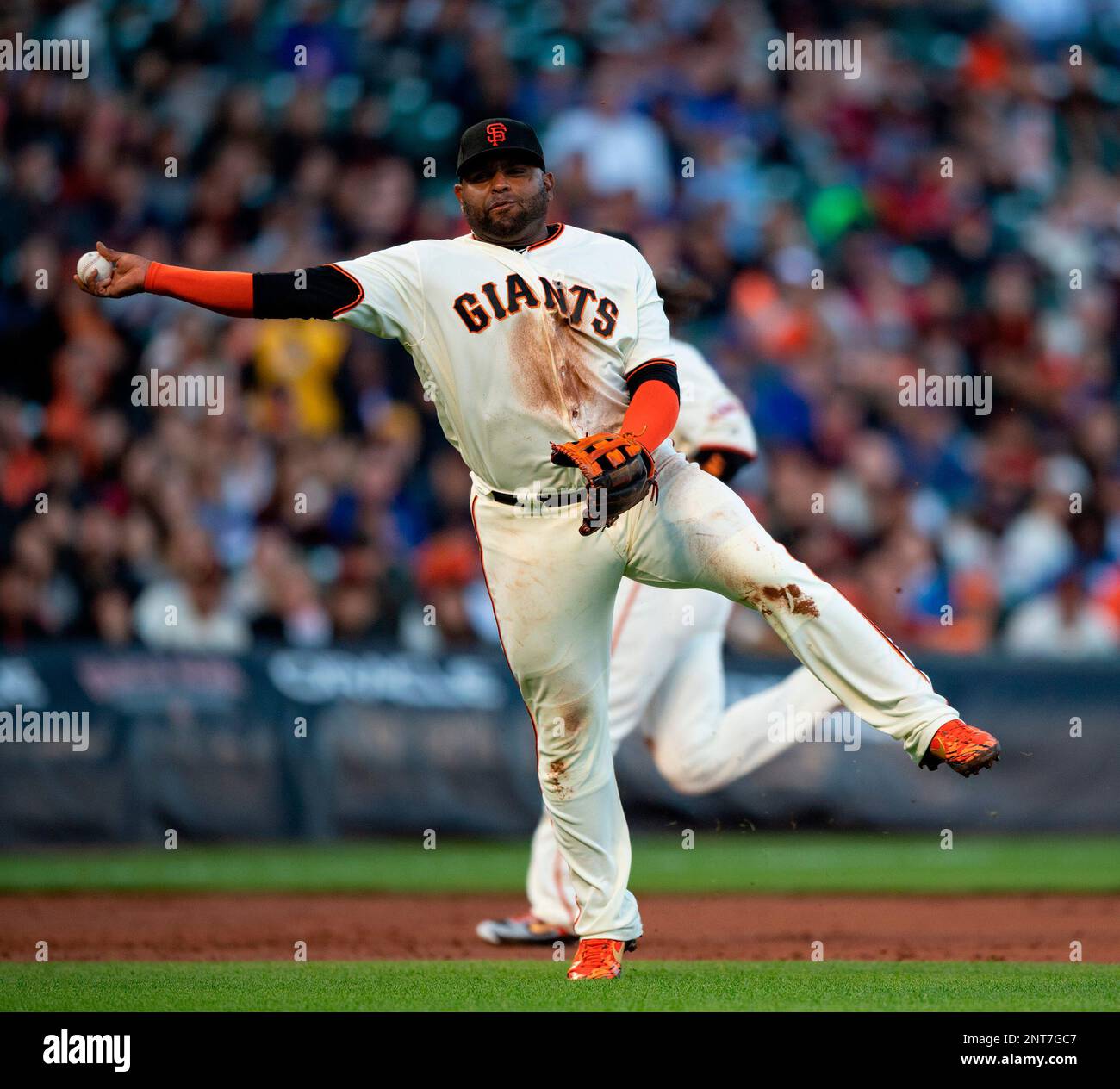 San Francisco Giants third baseman Pablo Sandoval (48) waits for the  umpires to review the play at the plate in the ninth inning of Game 2 of  baseball's NL Division Series against