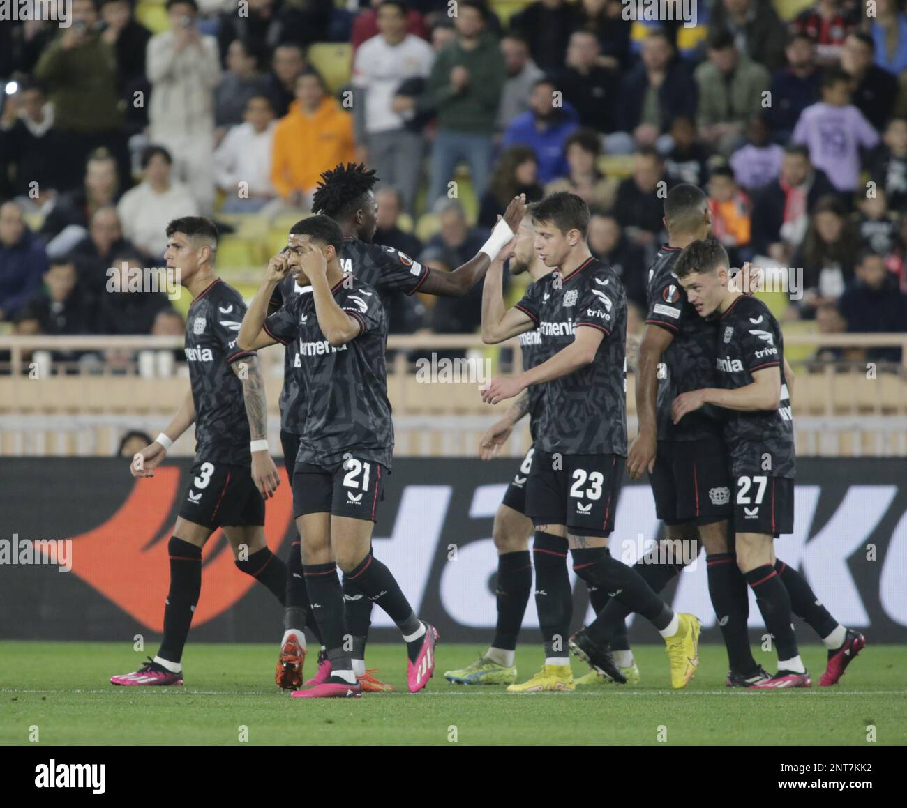 Bayer Leverkusen players celebrating a after a goal during the Uefa