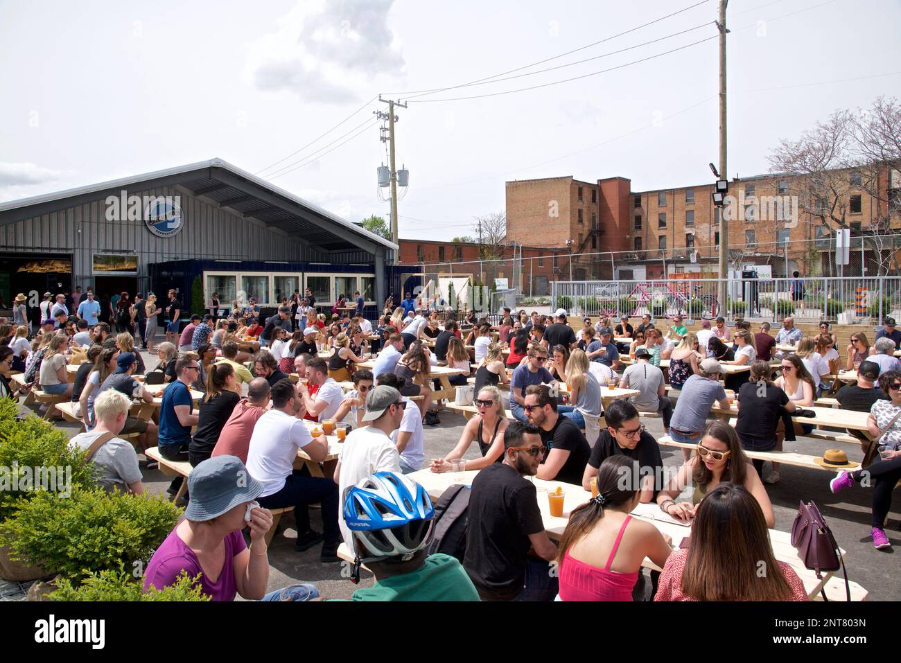 Toronto, Ontario / Canada - May 26, 2019: City lifestyle of drinking beer at the outdoor beer garden Stock Photo