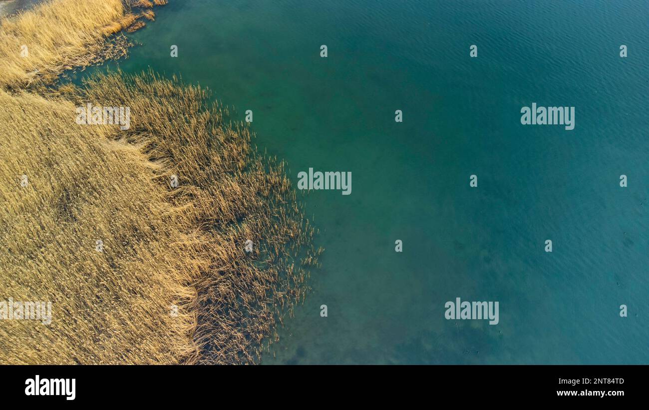 Aerial view of lake and reeds. Lake Sapanca in Turkey. Lake water level ...