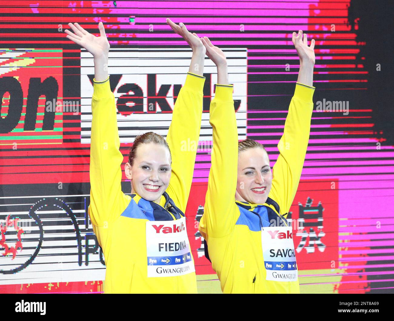 Marta FIEDINA and Anastasiya SAVCHUK of Ukraine celebrate during an ...