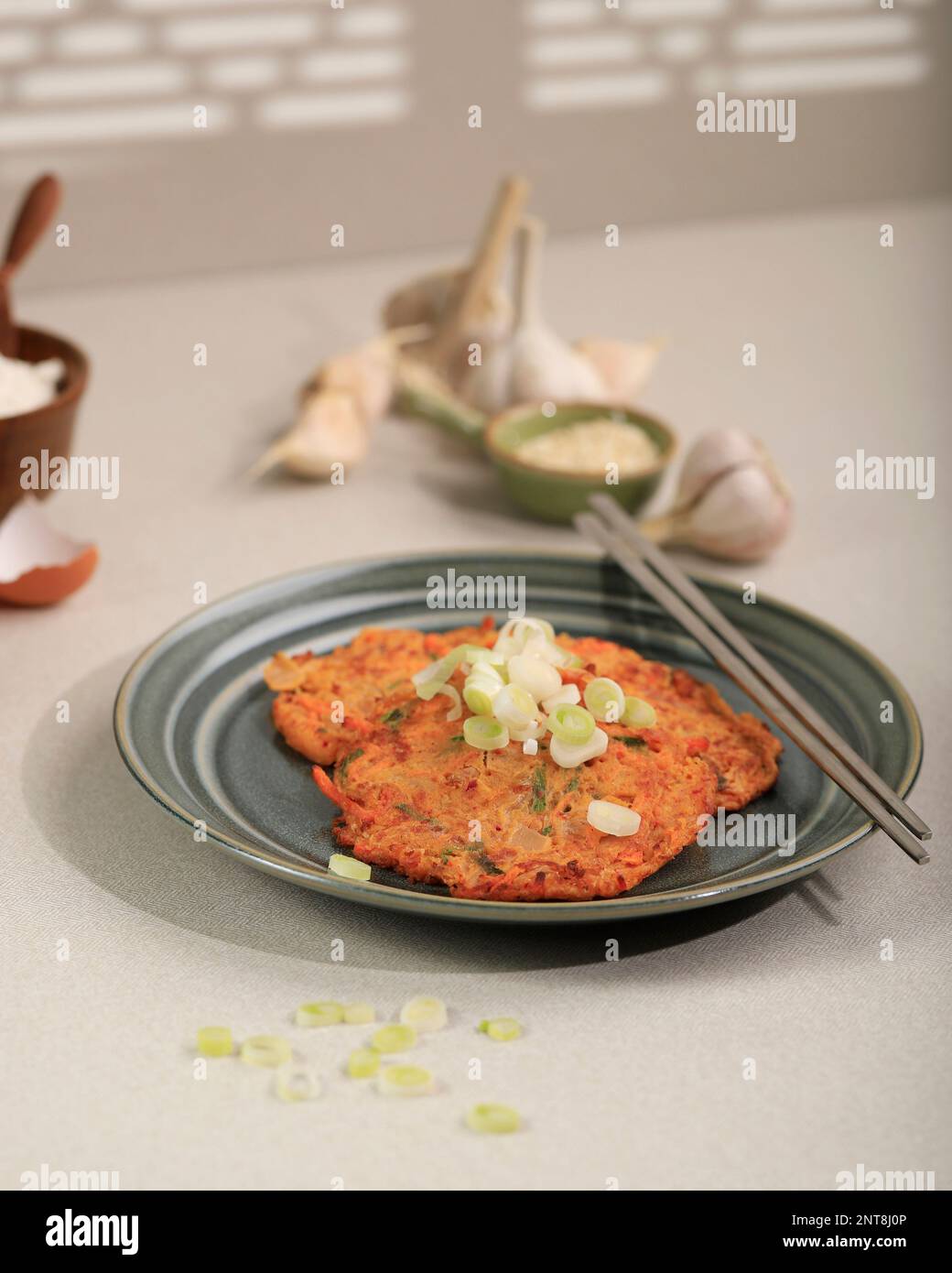 Kimchi Jeon, Korean Kimchi Pancake, made from Eggs, Fermented Vegetable, Carrot, and Flour Stock