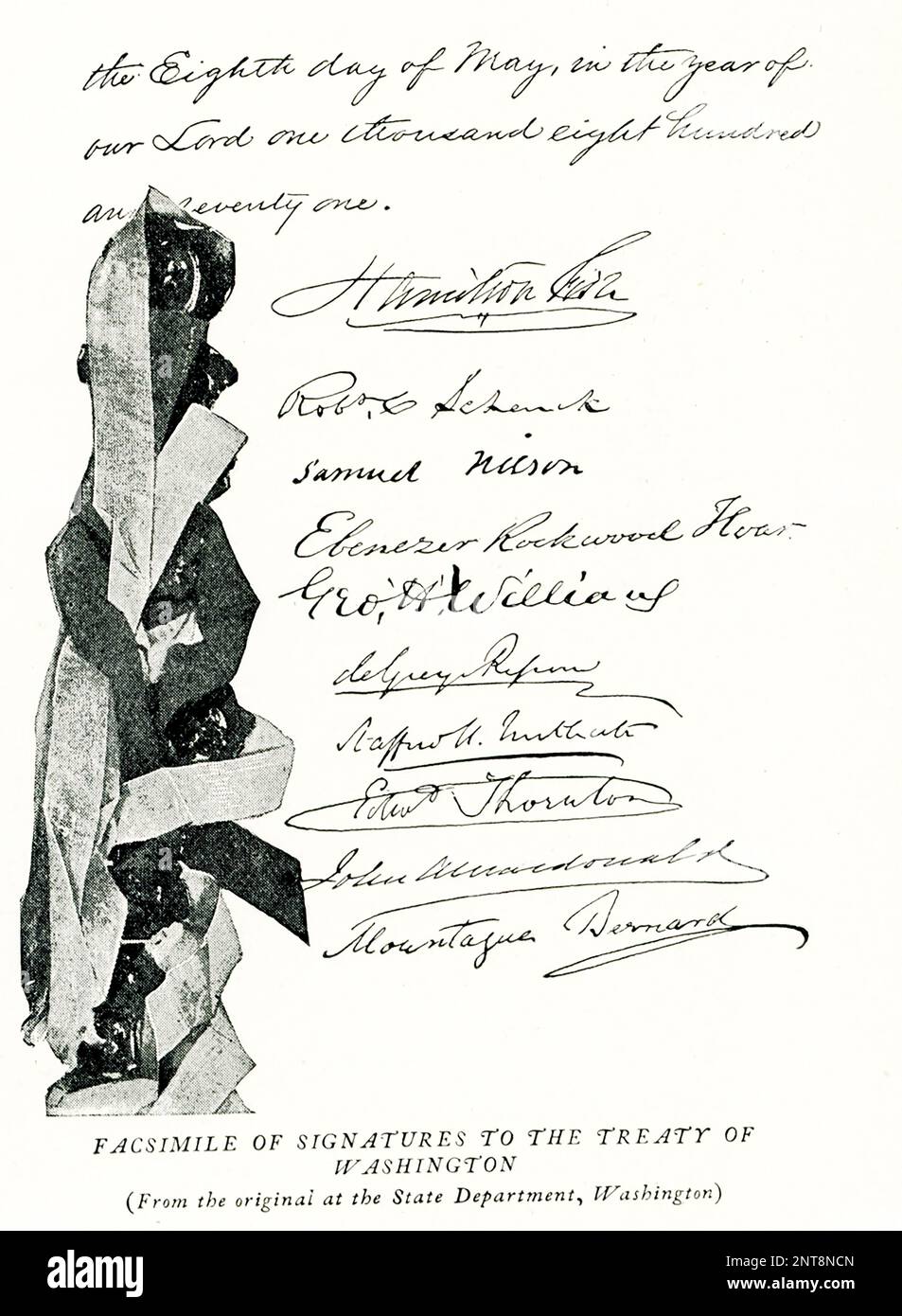 The caption for this 1896 illustration reads: 'Facsimile of Signatures to the Treaty of Washington (from the original at the State Department, Washington)' The Treaty of Washington was a treaty signed and ratified by the United Kingdom and the United States in 1871 during the first premiership of William Gladstone and the presidency of Ulysses S. Grant. It was meant to resolve a number of conflicts between the two nations. One of these was the death of many British civilians during the American Civil War even though Britain had remained neutral during the war, Stock Photo