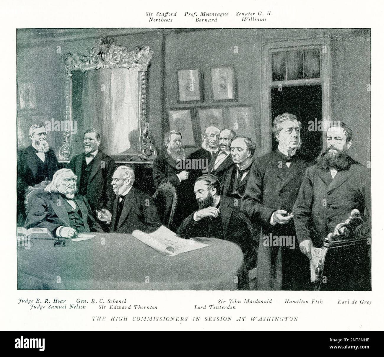 The 1896 caption reads: High Commissioners in Session at Washington. [The figures in back are: Sir Stafford Northcote, Professor Mountague Bernard, Senator G h Williams. The figures in front, are, from left to right: Judge ER Hoar, Gen RC Schenck, Sir John MacDonald, Hamilton Fish, Earl de Grey, Judge Samuel Nelson, Sir Edward Thronton, Lord Tenterden Stock Photo