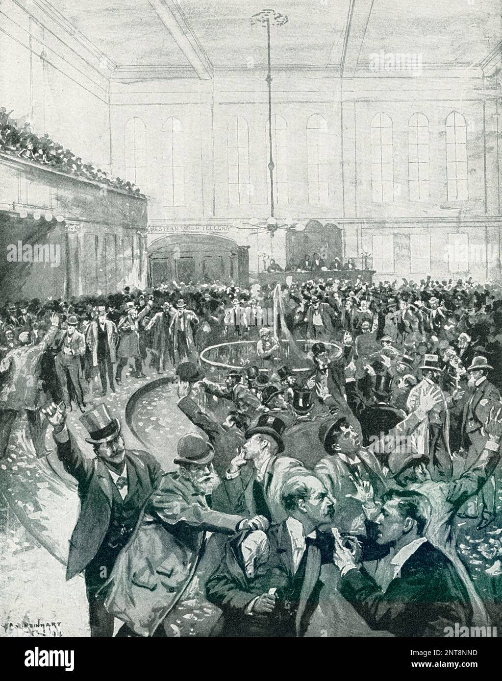 The 1896 caption reads: “Scene in New York Gold Room on Black Friday September 24, 1869, drawn by C S Reinhart from photographs and descriptions by eye-witnesses.”  Black Friday, in U.S. history, a securities market panic that occurred on September 24, 1869, as a result of plummeting gold prices. The crash was a consequence of an attempt by financier Jay Gould and railway magnate James Fisk to corner the gold market and drive up the price. Stock Photo