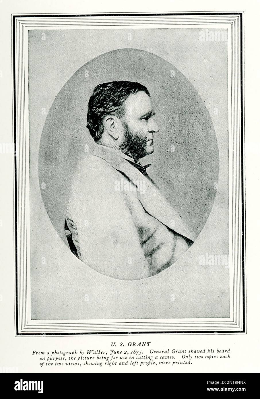 The 1896 caption reads: “U S Grant from photograph by Walker June 2 1875 General Grant shaved his beard on purpose the picture being used in cutting a cameo Only two copies each of two views, showing right and left profile, were printed.” Ulysses S. Grant (1822 - 1885) was an American military officer and politician who served as the 18th president of the United States from 1869 to 1877. Stock Photo
