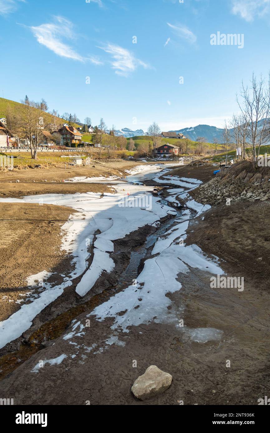 Einsiedeln area, Canton Schwyz, Switzerland, February 20, 2023 Winter landscape at the lake Sihlsee on a sunny day Stock Photo