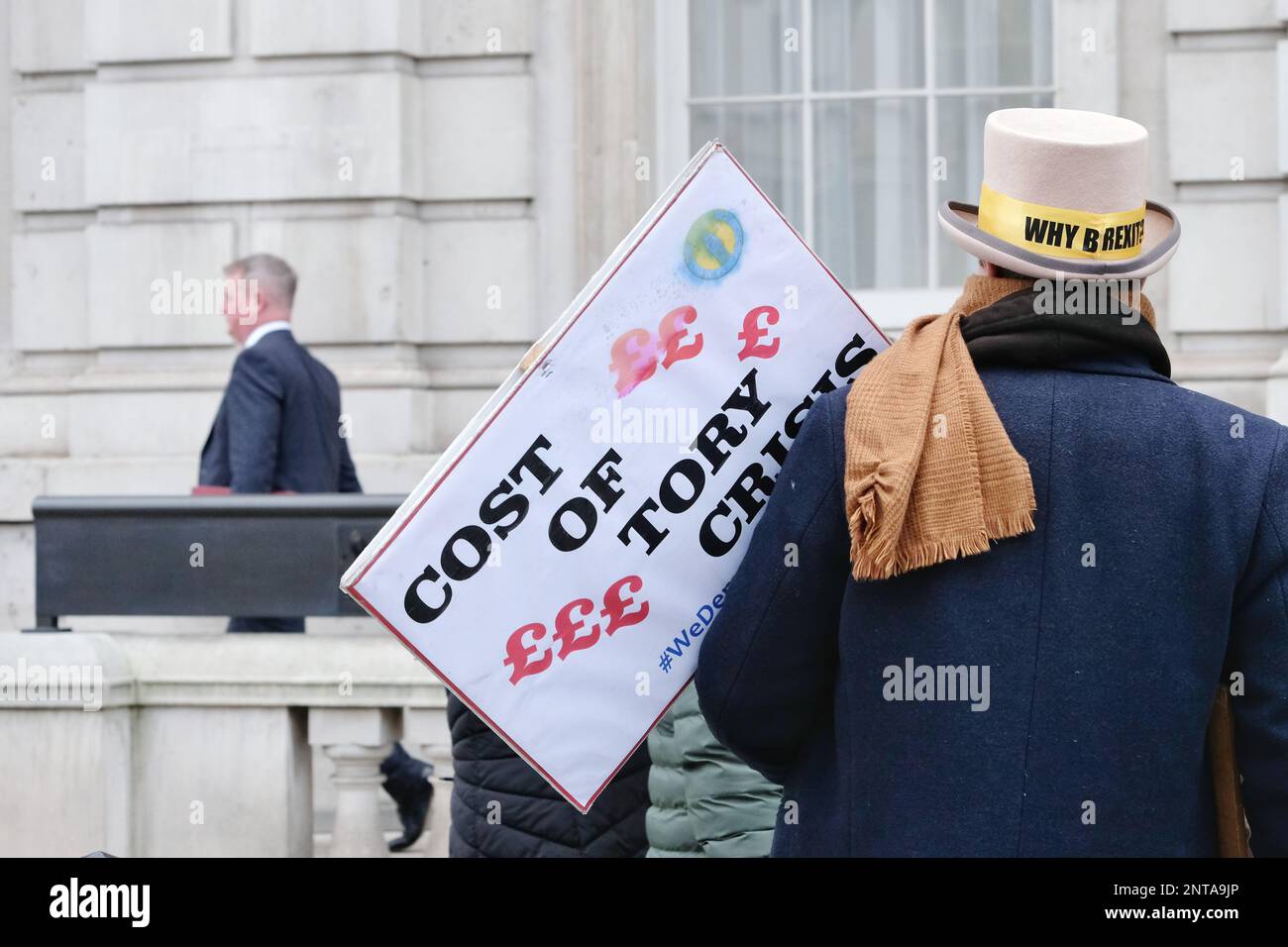 London, UK. Anti-Brexit SODEM protesters stand in Whitehall on the day the government and the EU strike a deal on the Northern Ireland Protocol. Stock Photo