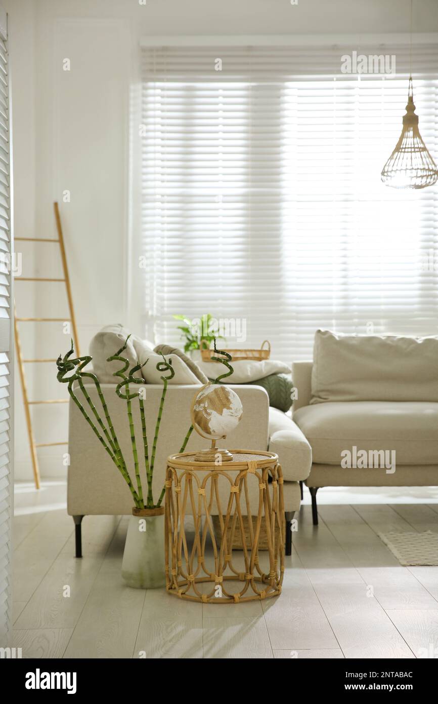 Stylish living room interior with comfortable grey sofa Stock Photo - Alamy