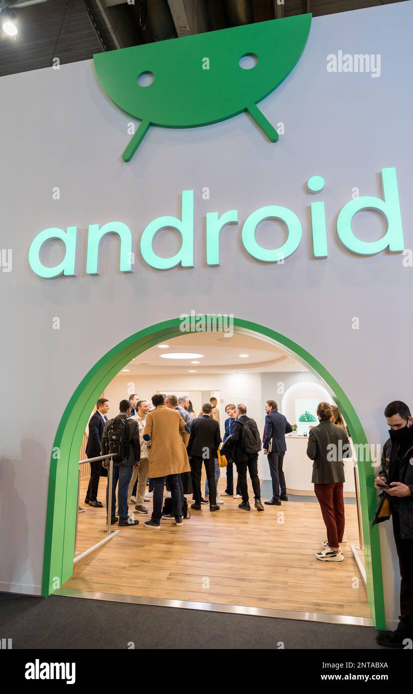 Barcelona , Spain - February 27 2023: Mobile world congress 2023 in Barcelona. Booth or stand of Android Google Stock Photo