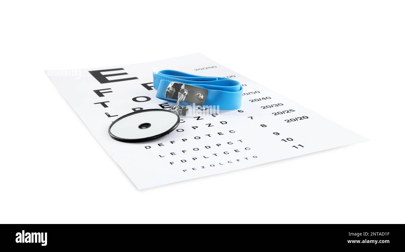 Eye chart test and head mirror on white background. Ophthalmologist