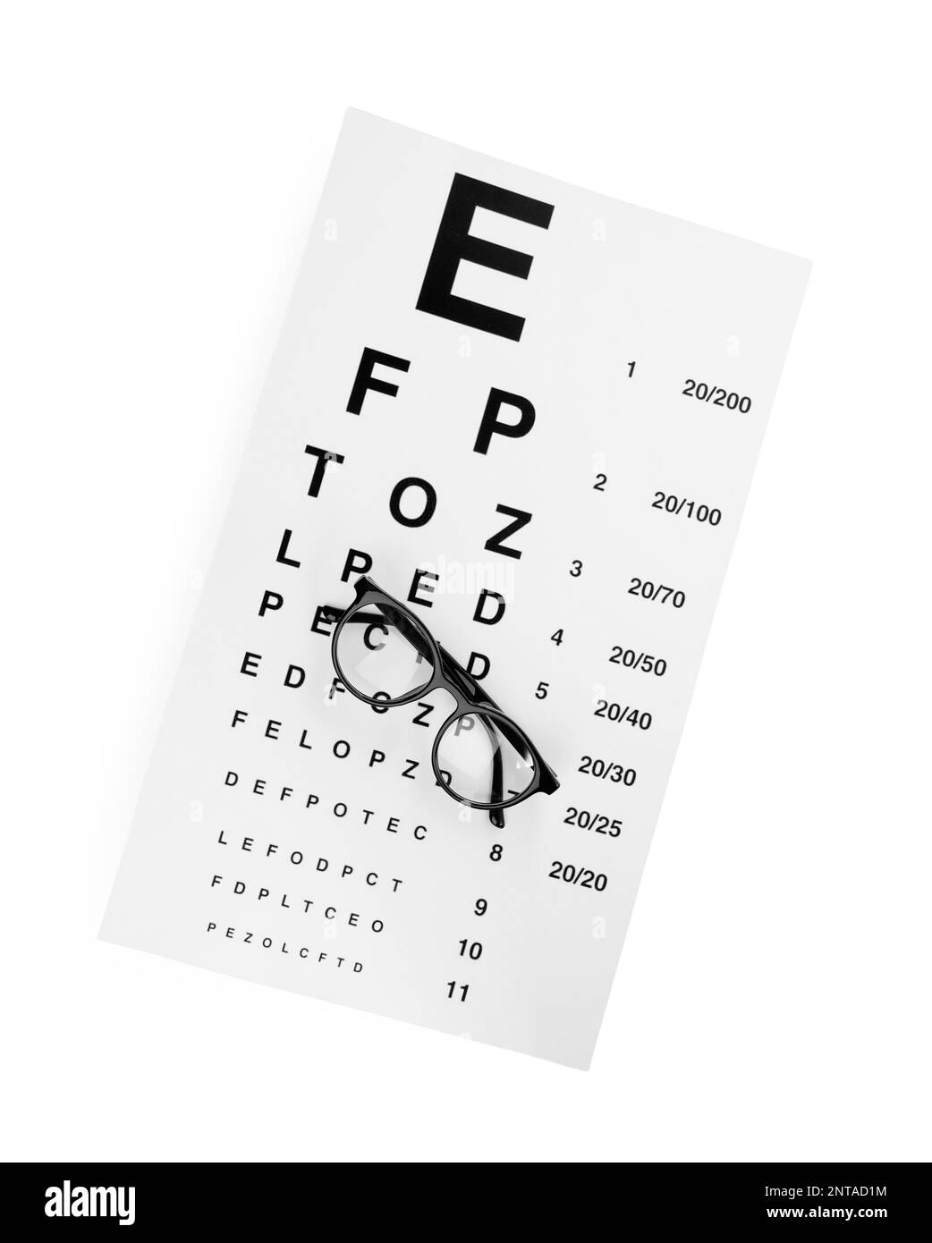 Eye chart test and glasses on white background, top view