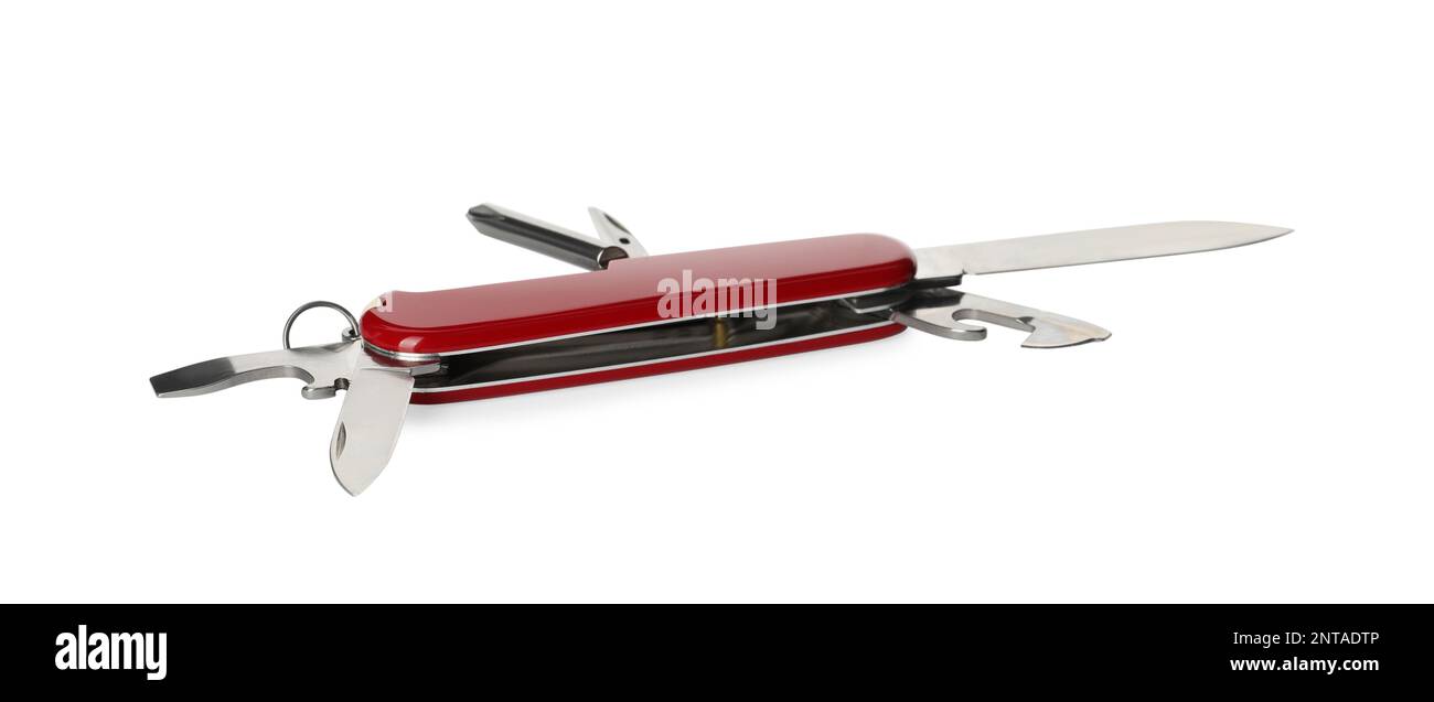 Compact portable red multitool isolated on white Stock Photo