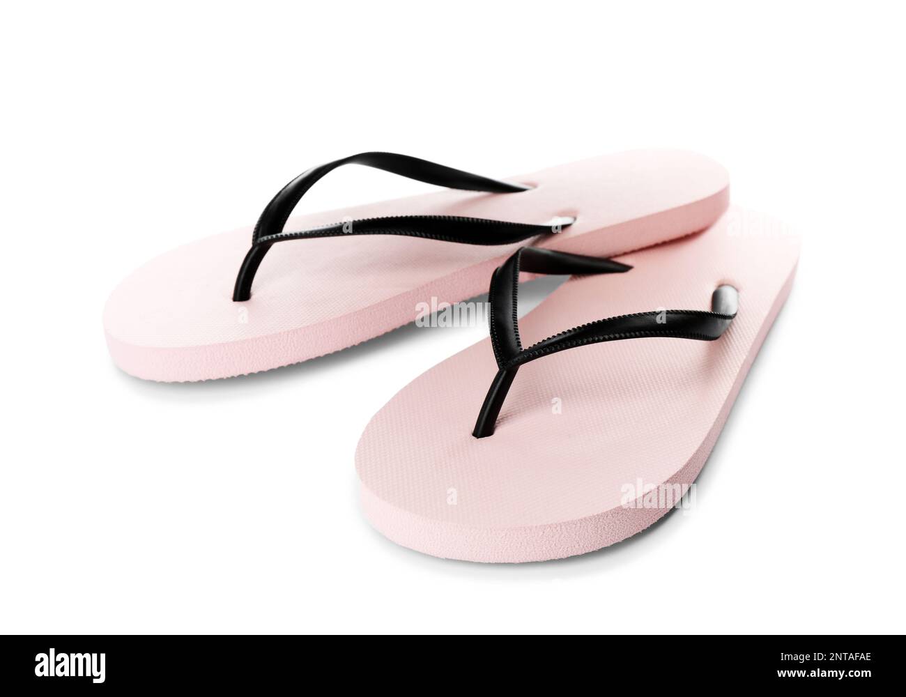 Stylish pink flip flops on white background. Beach object Stock Photo ...