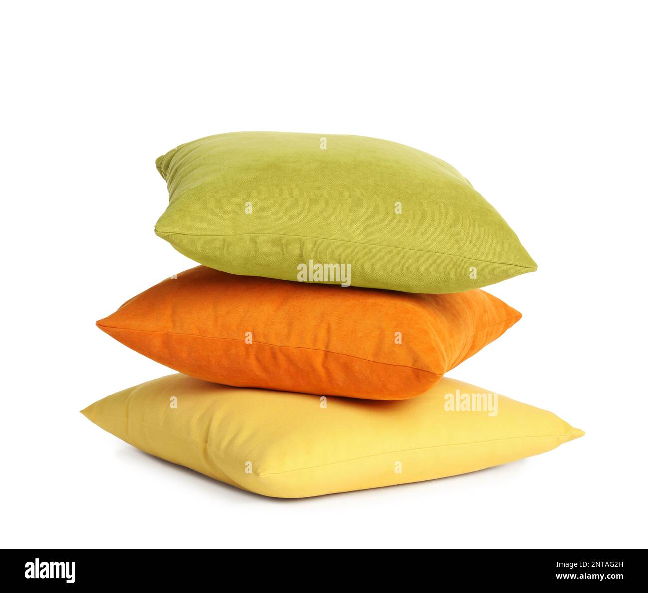 Stack of colorful decorative pillows on white background Stock Photo