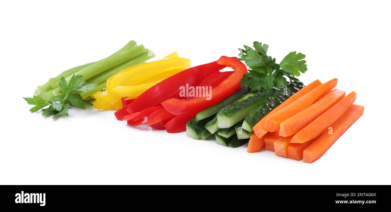 Different vegetables cut in sticks on white background Stock Photo Alamy
