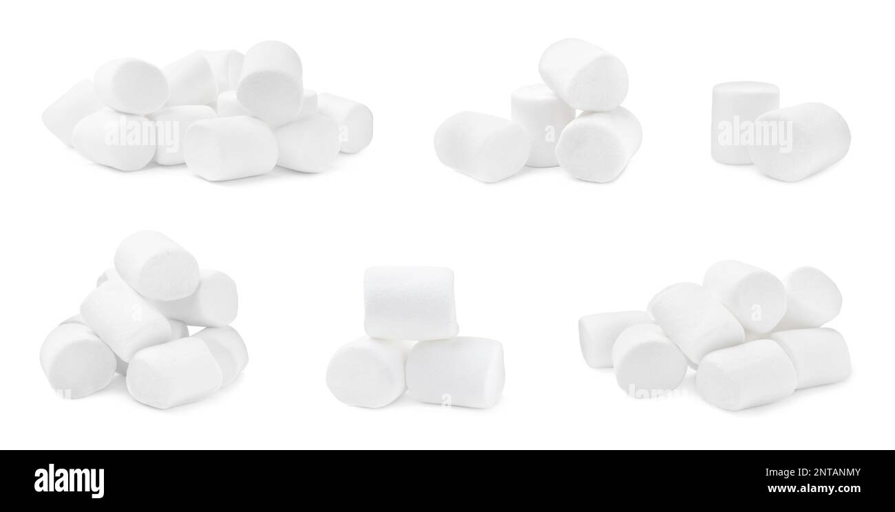 Set with delicious sweet puffy marshmallows on white background. Banner ...