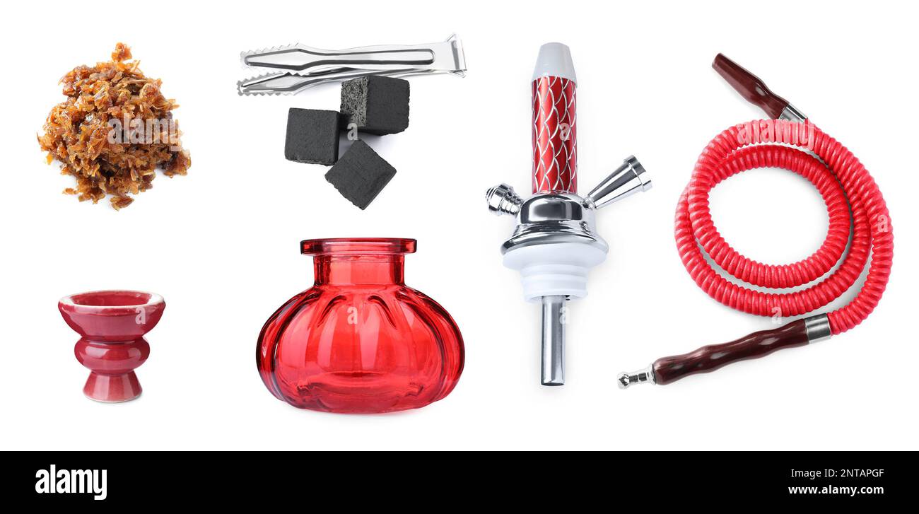 Hookah kit on white background, collage. Banner design Stock Photo