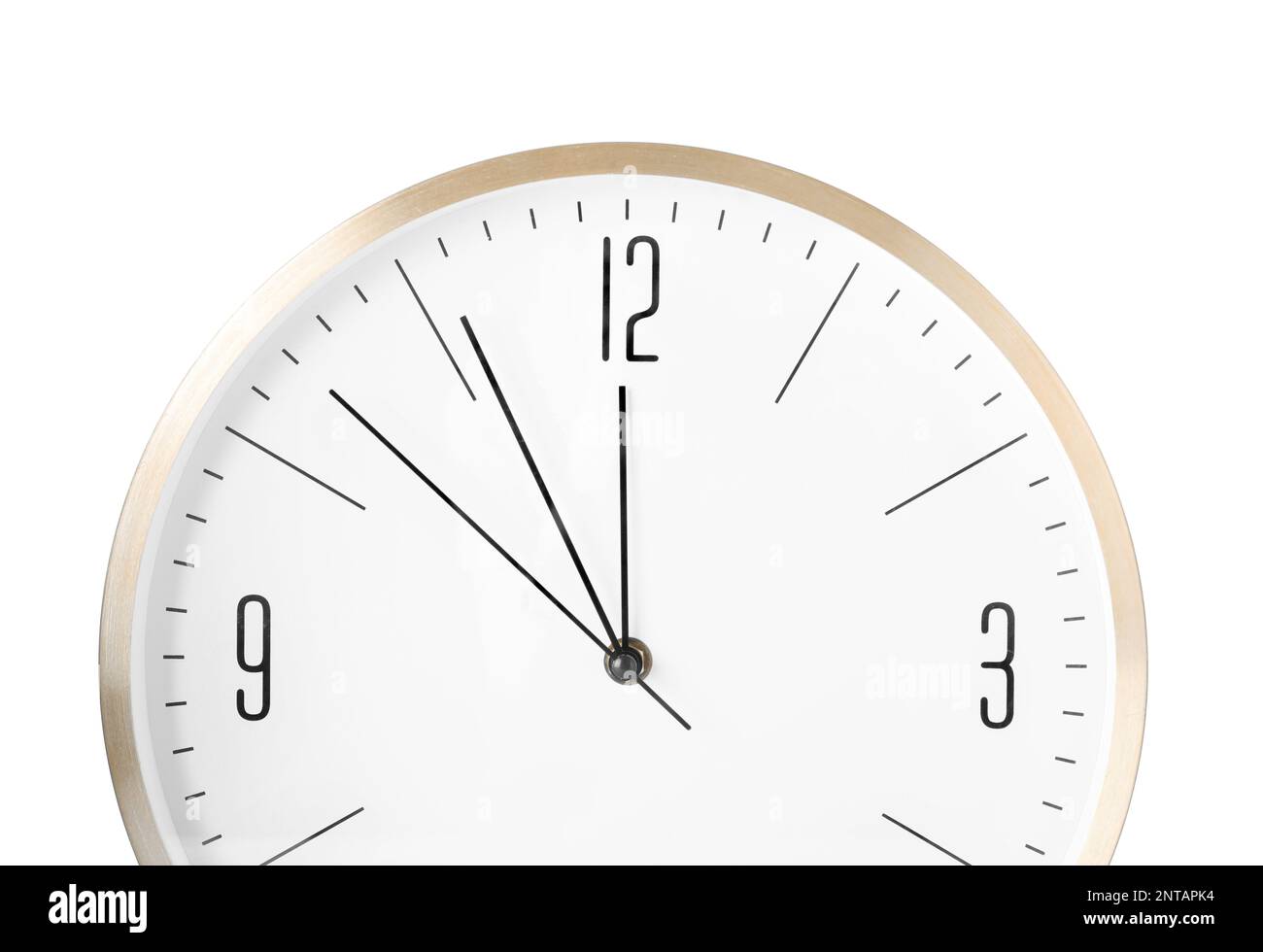Clock showing five minutes until midnight on white background, closeup