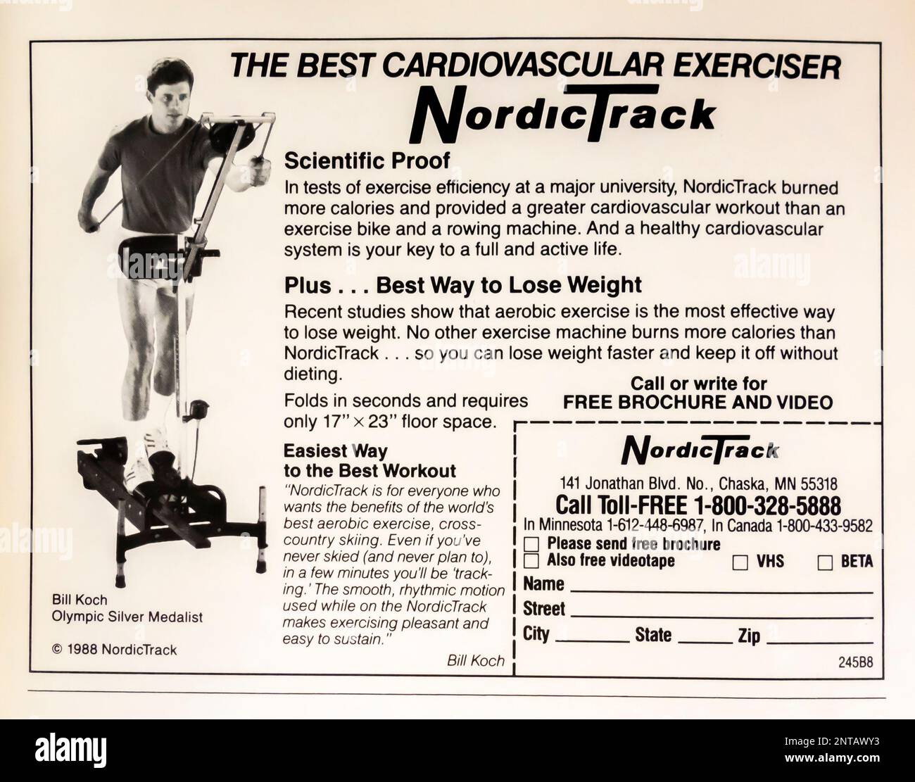 NordicTrack cardiovascular exerciser advert in a NatGeo magazine, February 1988 Stock Photo