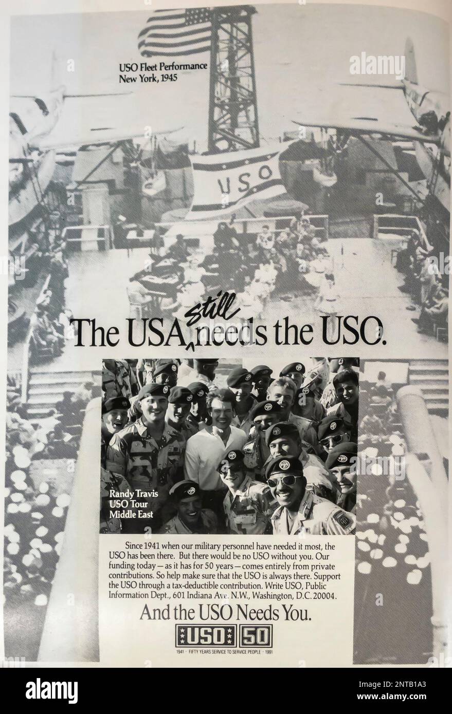 USO - United Service Organizations Nonprofit charitable corporation advert in a NatGeo magazine, january 1991 Stock Photo