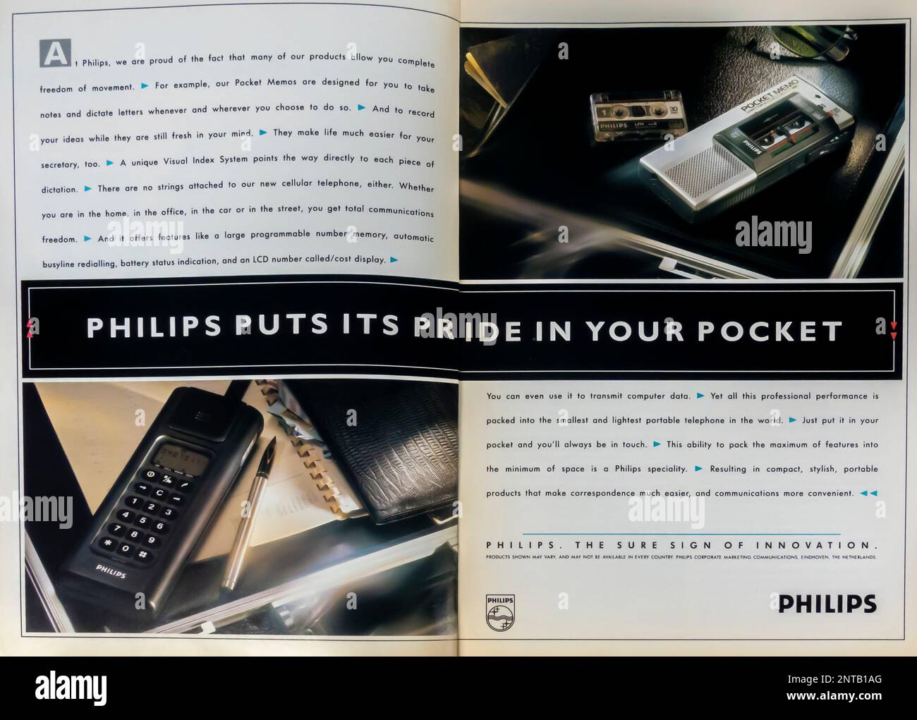 Philips electronics - cellular phone, cell phone, dictaphone advertisement  placed inside a NatGeo magazine, January 1989 Stock Photo