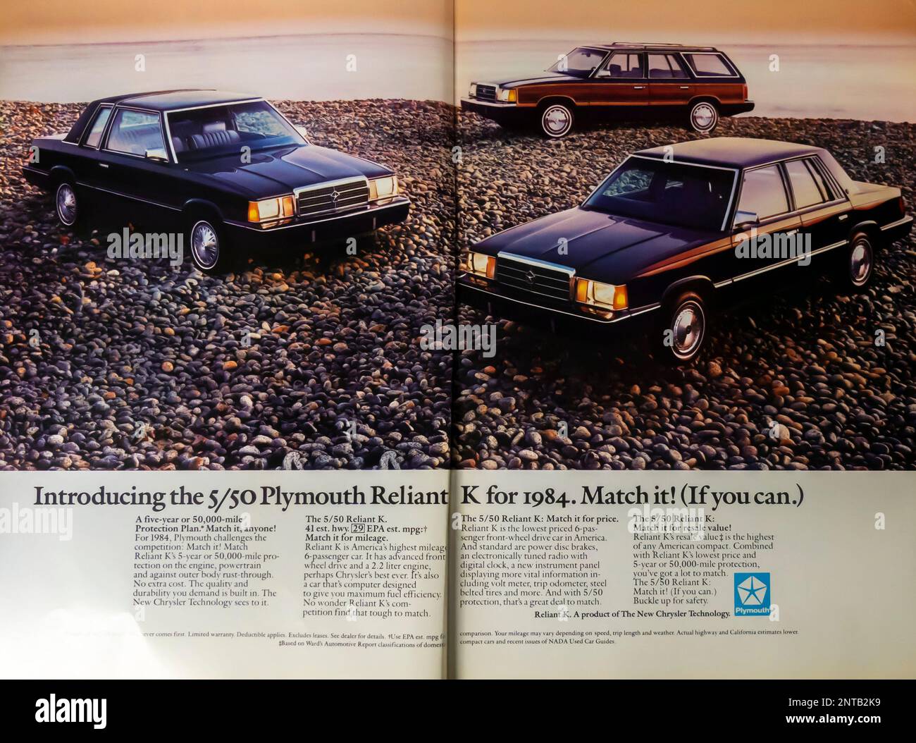 Plymouth Reliant K advert in a NatGeo magazine, November 1983 Stock Photo