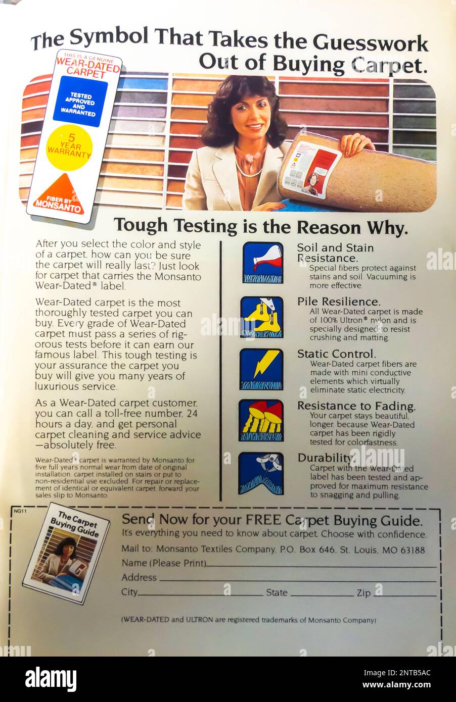 Carpet buying guide advert in a NatGeo magazine, November 1983 Stock Photo