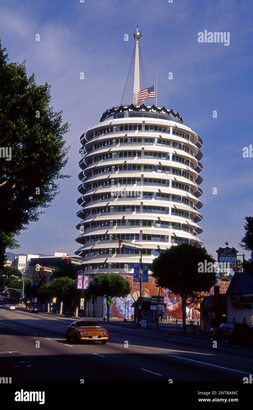 Capitol Records with black band and flag at half-staff  to commemorate the death of Beatle great George Harrison, in Hollywood, California Stock Photo