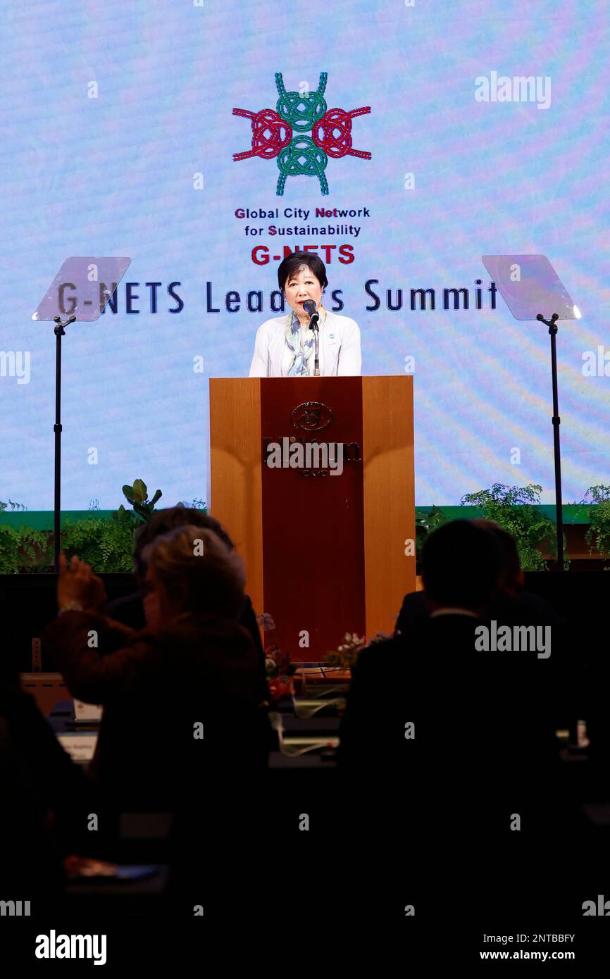 Tokyo, Japan. 28th Feb, 2023. Tokyo Governor Yuriko Koike delivers a