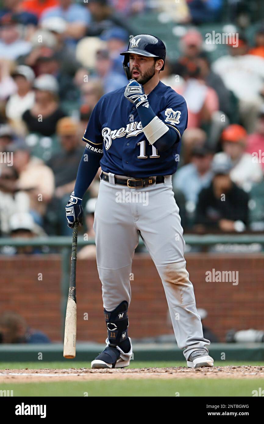 Milwaukee Brewers second baseman Mike Moustakas (11) at bat during
