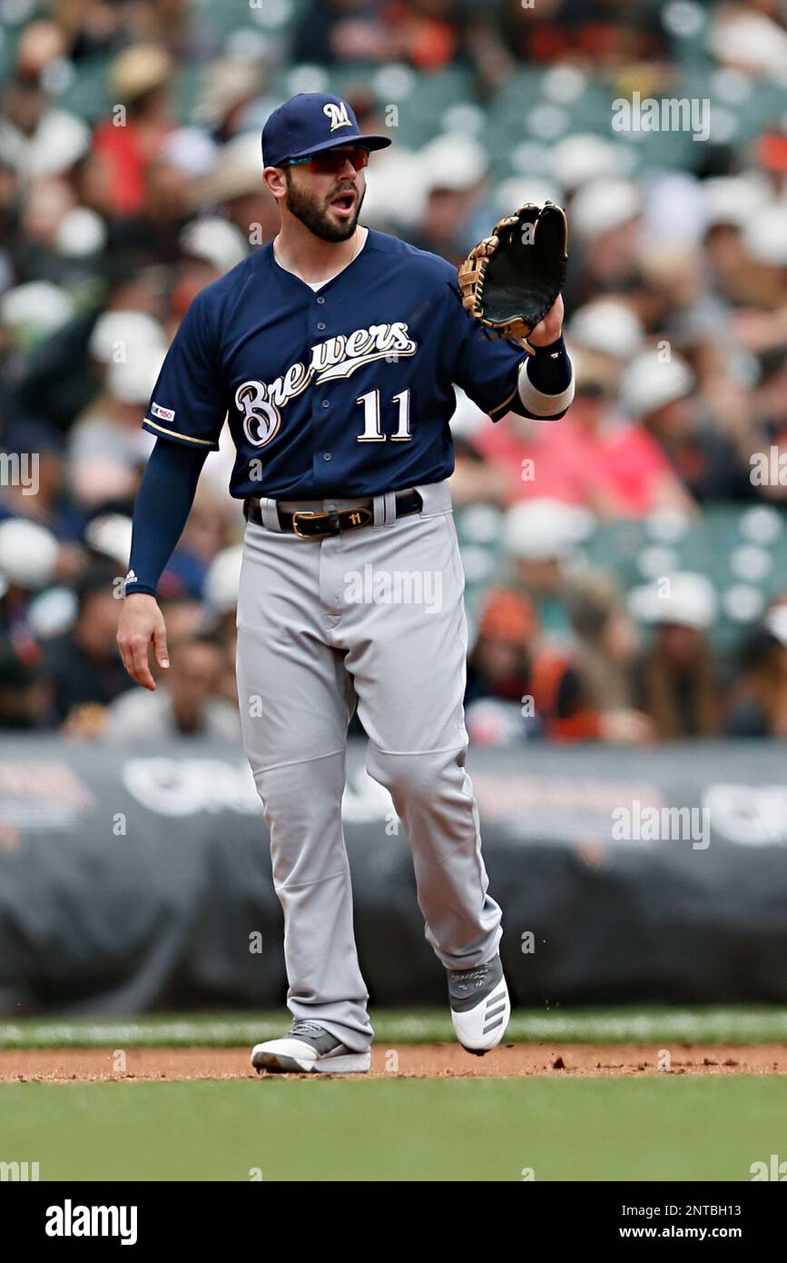 Milwaukee Brewers second baseman Mike Moustakas (11) during an MLB