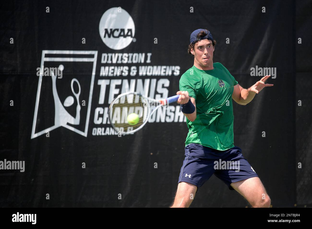 Notre Dame tennis player Alex Lebedev returns a ball during his singles  match against Columbia's Jack Lin during the NCAA Division I Men's Tennis  Championships Monday, May 20, 2019, in Orlando, Fla. (