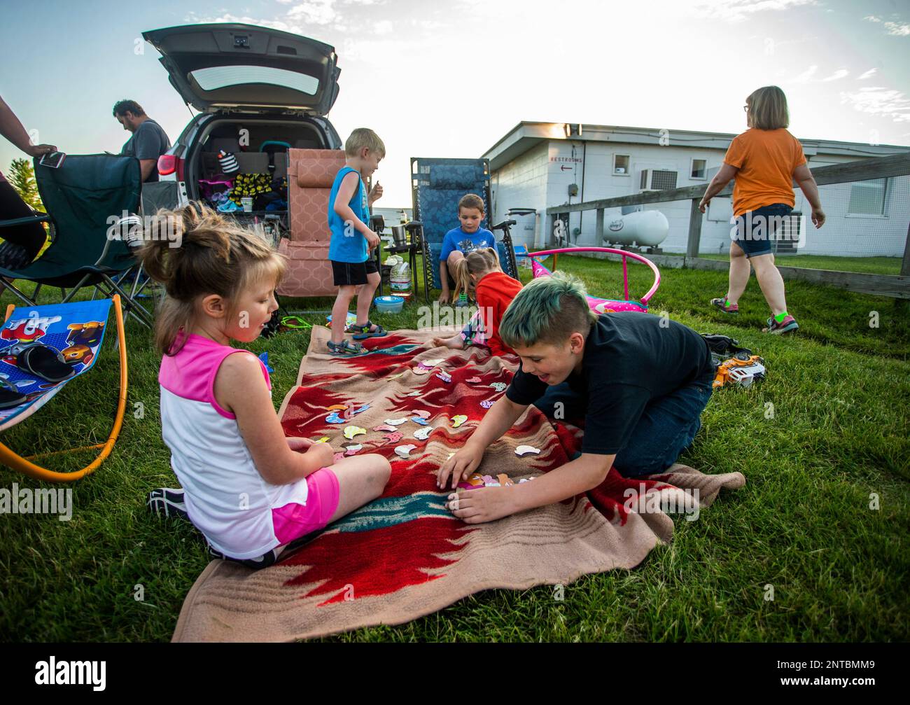 Children play a game at the 61 DriveIn Theatre in Delmar, Iowa, near