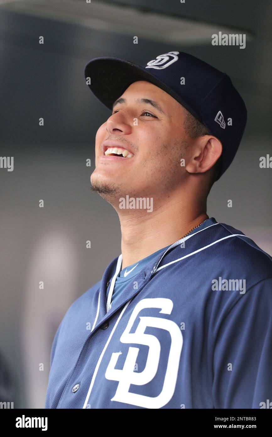 San Diego Padres shortstop Manny Machado wears a #42 shirt in honor of  Jackie Robinson before
