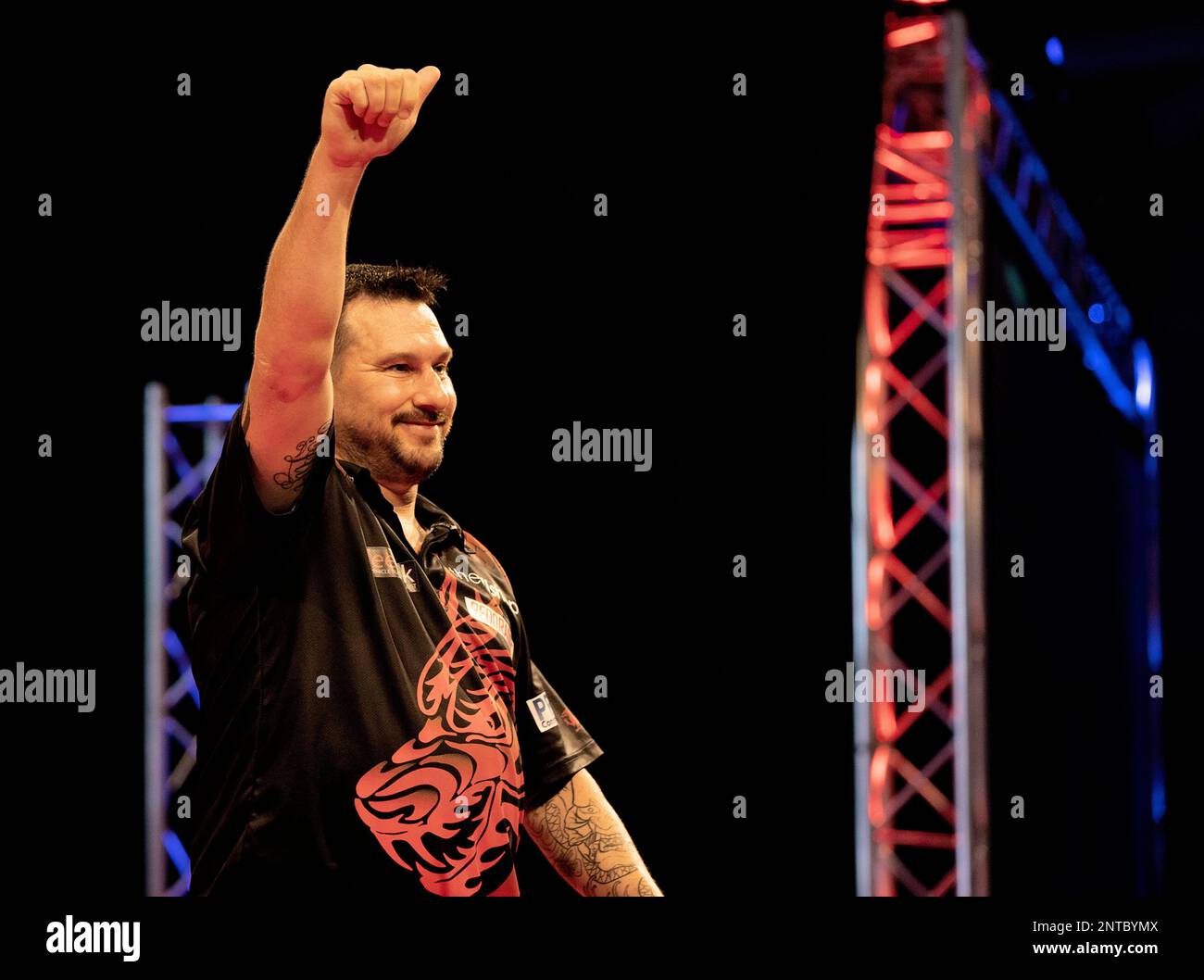 Jonny Clayton of Wales reacts during the match against Australian Simon Whitlock the final tournament