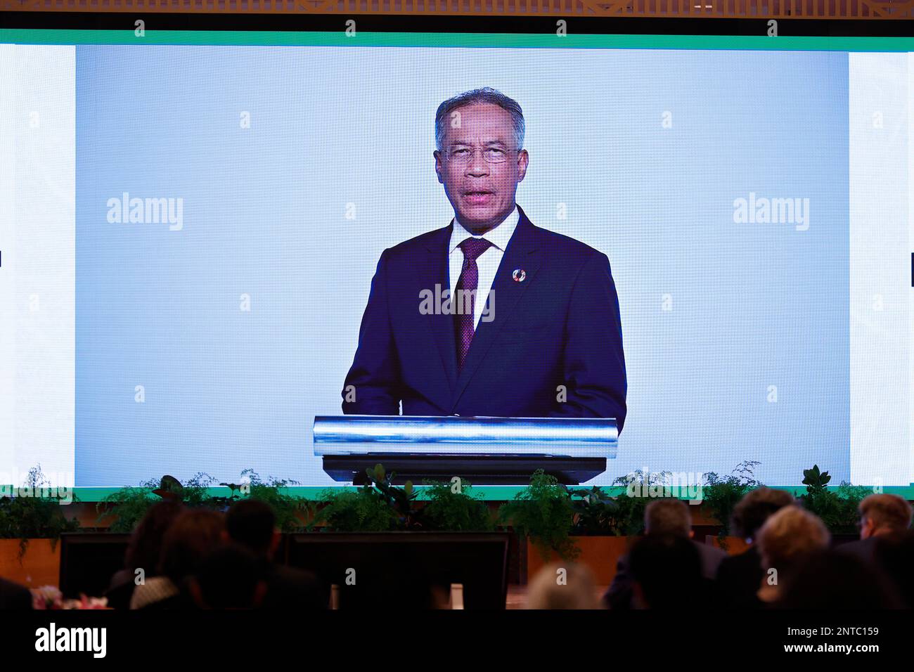 Tokyo, Japan. 28th Feb, 2023. A huge screen displays a video message