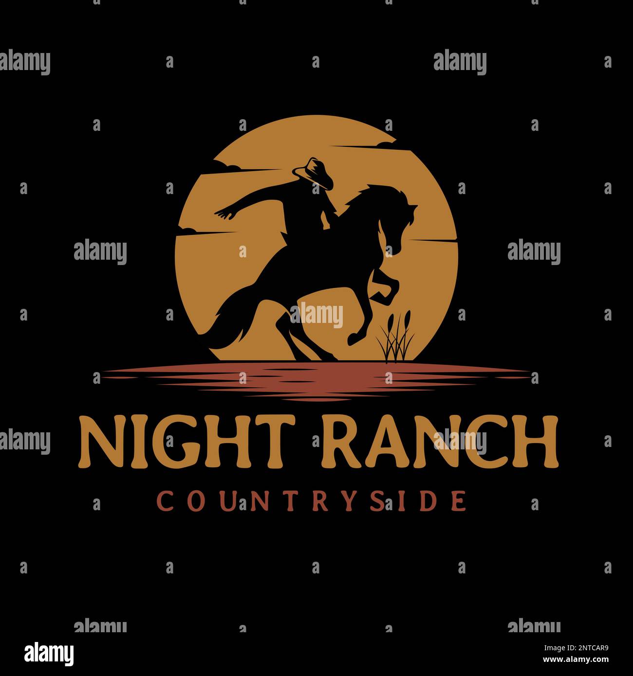 Cowboy Man Equestrian Horse Silhouette at Sunset Sun Moon logo design illustration Stock Vector