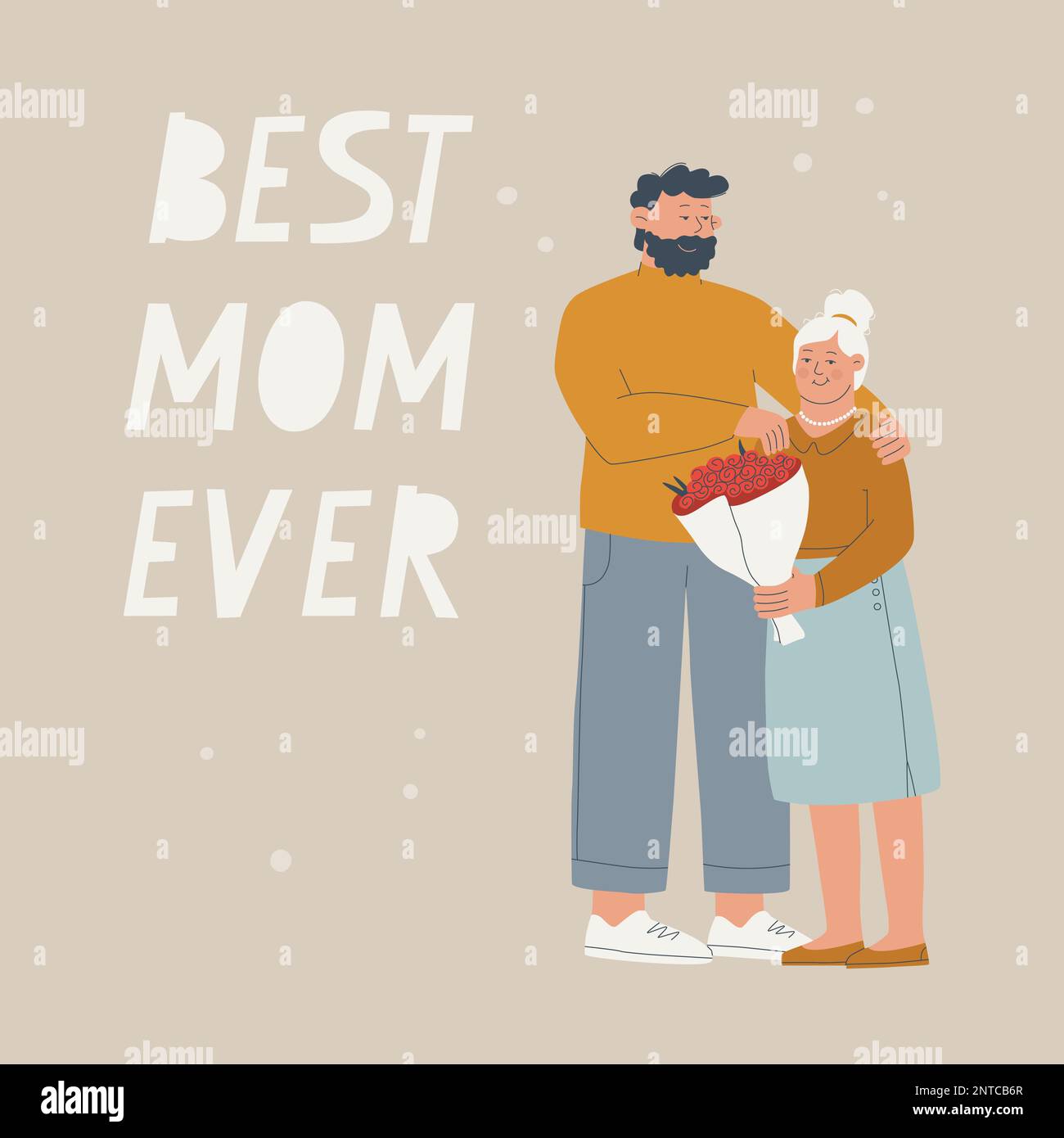 Text best mom ever. Young man gives a bouquet of flowers of his elderly mother. Postcard for mother Day. Vector illustration for design. Stock Vector