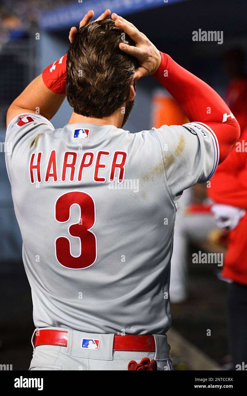 LOS ANGELES, CA - JUNE 01: Philadelphia Phillies right fielder Bryce Harper  (3) grabs his head during a MLB game between the Philadelphia Phillies and  the Los Angeles Dodgers on June 1