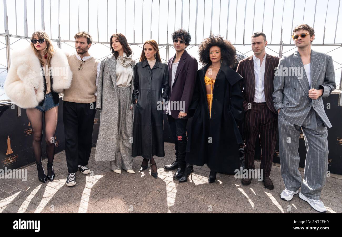 Suki Waterhouse, Sam Claflin, Camila Morrone, Riley Keough, Sebastian Chacon, Nabiyah Be, Will Harrison, and Josh Whitehouse attend as the cast of Daisy Jones & The Six visits The Empire State Building in New York on february 27, 2023 Stock Photo