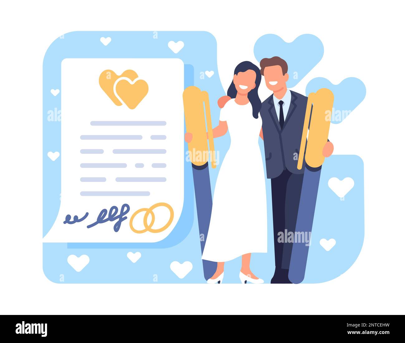 Happy couple got married and signed prenuptial agreement or prenup. Document page with signatures. Marriage registration. Bide and groom with big pens Stock Vector