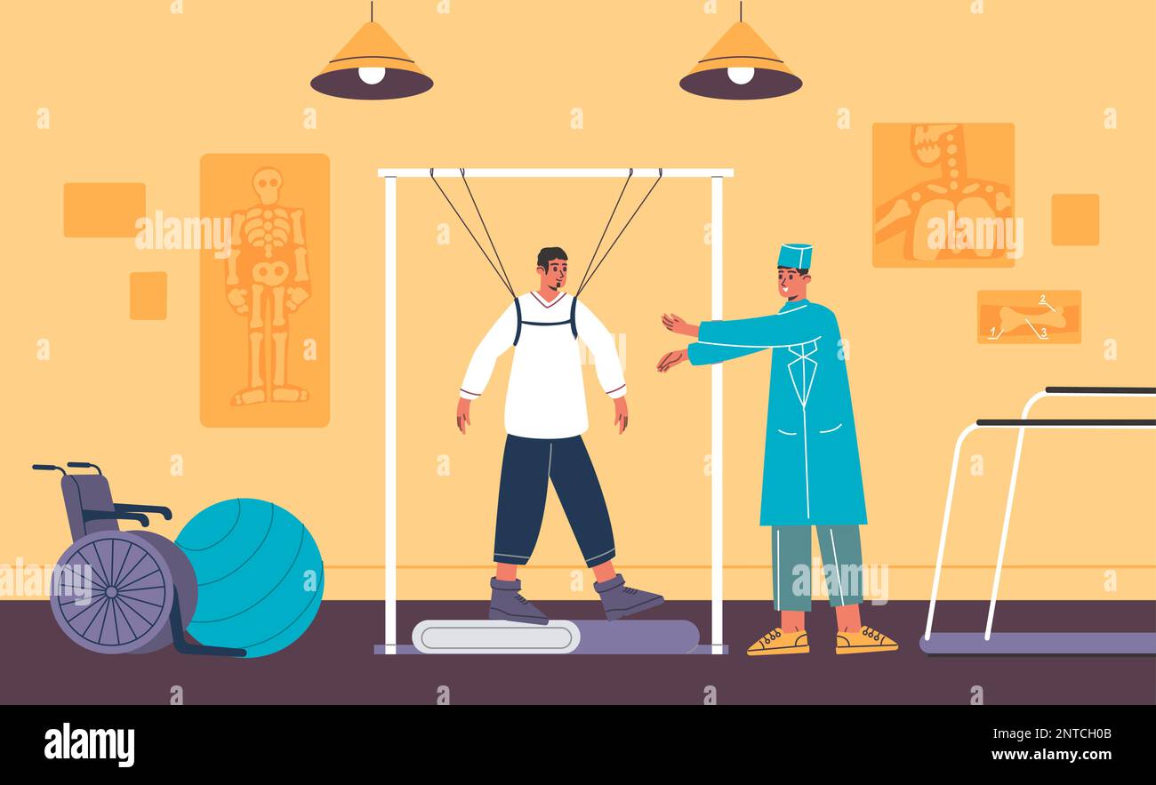 Physiotherapy room. Doctor helps patient recover from injury