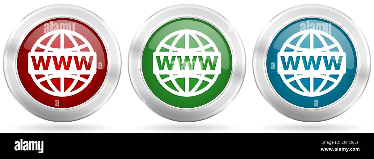 Web, www and internet vector icon set. Red, blue and green silver ...