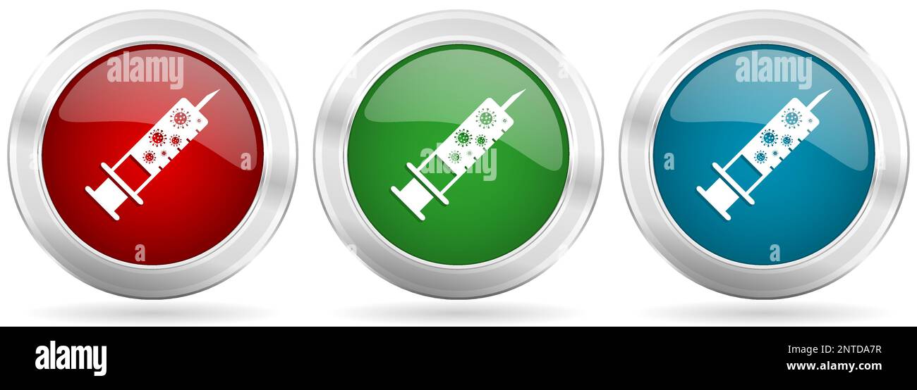 Vaccine, injection, syringe symbol vector icon set. Red, blue and green ...