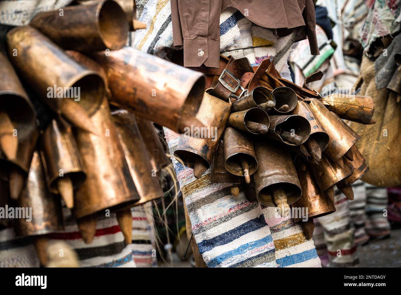Detail of Cucurrumacho's cowbells seen during the Carnival celebration