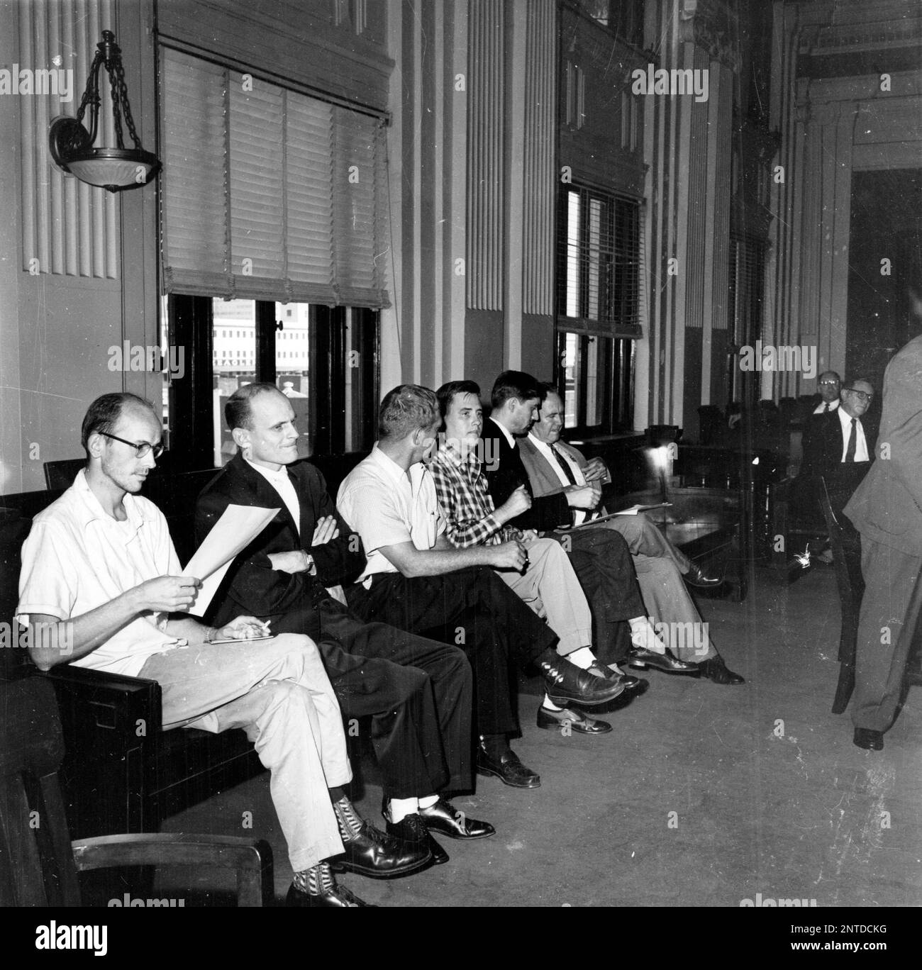 Men arrested in the Jewish Temple Bombing, from left, George Allen Bright,  Wallace H. Allen, Luther Corley, Kenneth Chester Griffin, Robert A.  Bowling. Defense Counsel Jimmy Venable Imperial Wizard of the National