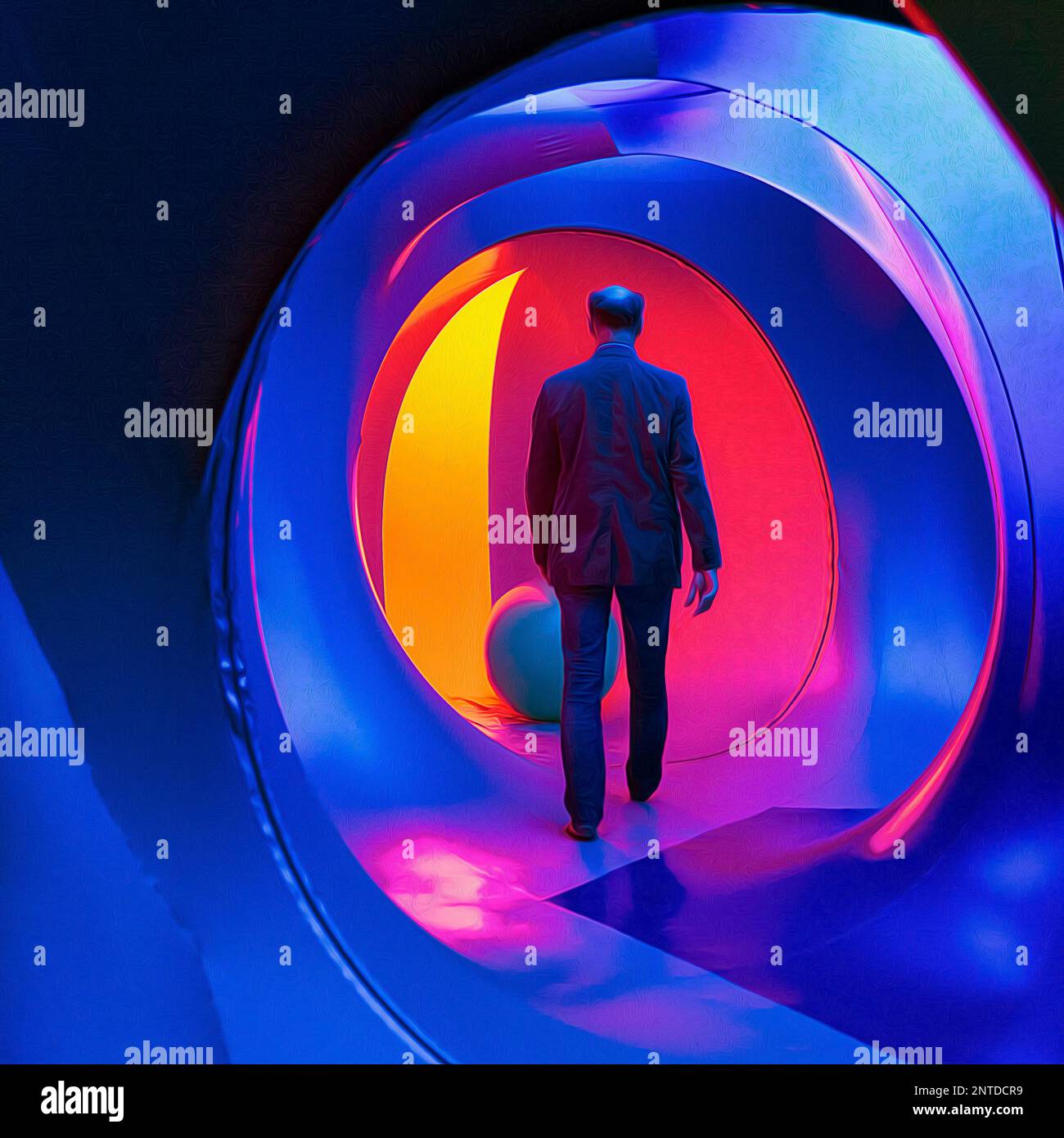 View into a tunnel, corridor, Best Ager, Bestager explores colourful walk-in tent, surreal labyrinth of light and colours, interior shot Stock Photo